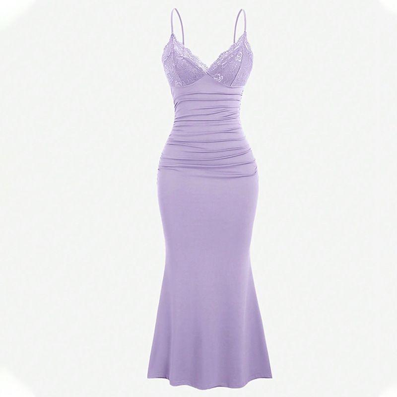 

Lace Edged V-neck Camisole Dress Lace Edge V-neck Sheath Sling Dress Purple L