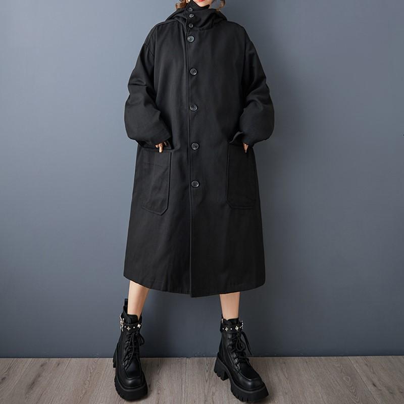 Dámský nadměrný vintage černý trenčkot s kapucí a dlouhým rukávem, ležérní volný podzimní jarní svrchní oděv