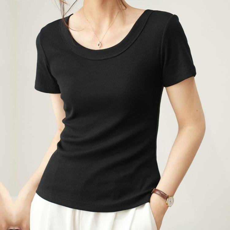 Summer Women Casual U Neck Short Sleeve High Elastic Fine Thread Cotton T Shirt Gas Shirt New Bottoming Top