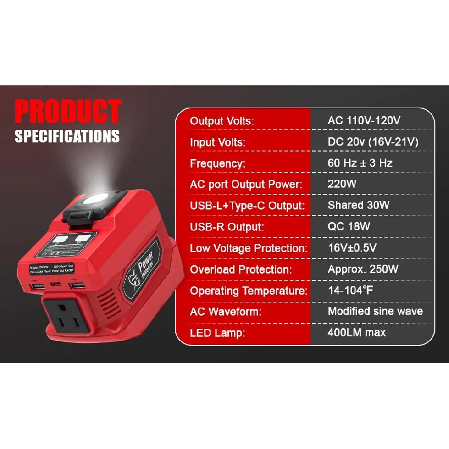 Azocek 220W Portable Power Inverter Compatible with Mil-wau-kee 18V Battery, 18V to AC 110V 4 Output&300LM LED, Inverter for Car