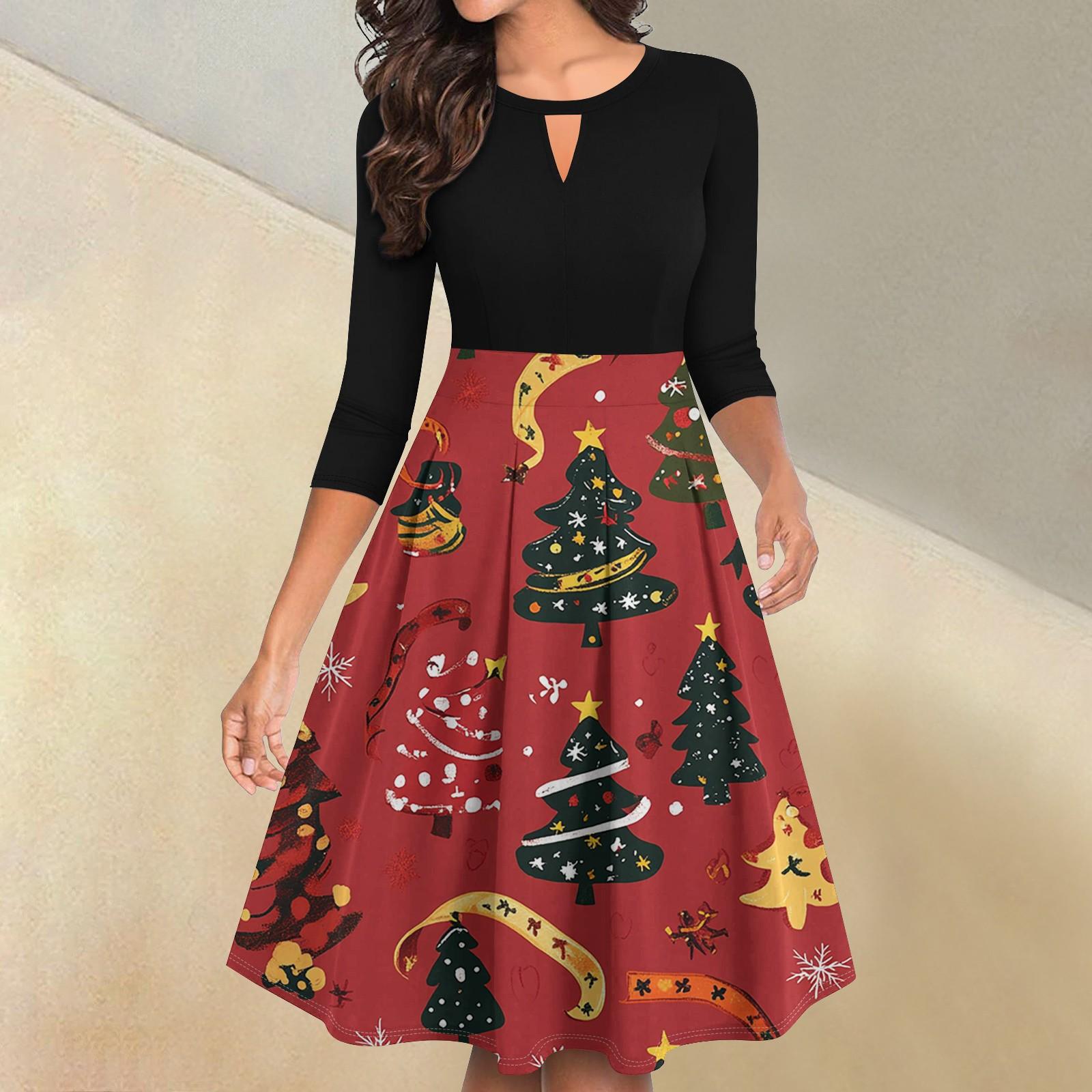 

Женские винтажные рождественские принты с рукавами 3/4, расклешенные, А-силуэта, свободные, повседневные платья для вечеринок XL винный