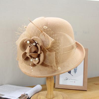 Höst Och Vinter Halv Rullad Topphatt Dam Elegant Pärlblomkruka Hatt Utomhus Mode Mångsidig Ullhinkhatt