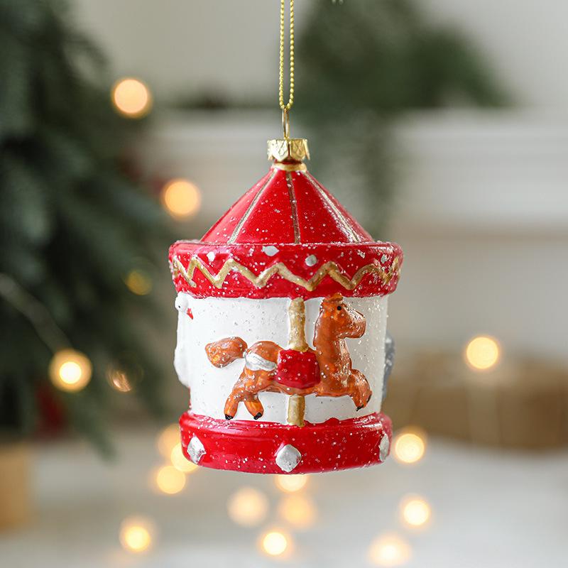 Red & White Painted Wooden House Christmas Ornaments: Car, Gift Cane, Donut, & Cloth Pendants