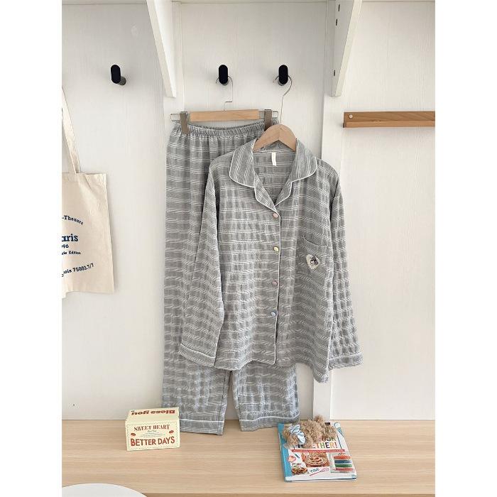 Love cat colored cotton grid pajamas women's spring and autumn long-sleeved trousers cardigan set loose break can wear loungewear