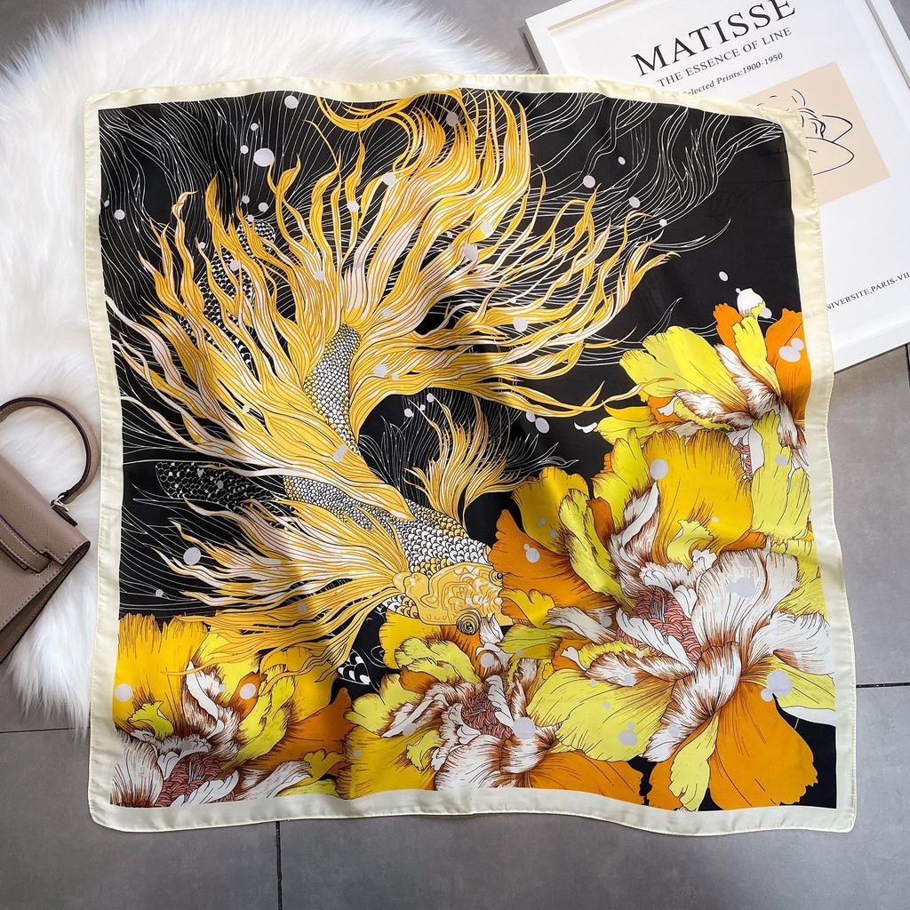 Koi Peony Silk Scarf Mom Scarf Small Square Scarf 71cm Simulation Silk Wealth Shawl Decoration Sunscreen Scarf Headscarf