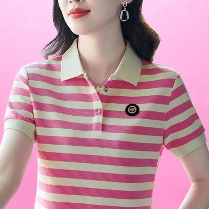 Striped Short-sleeved T-shirt for Women In Summer New Lapel Fashion Fashionable Mother Polo Shirt Versatile Top