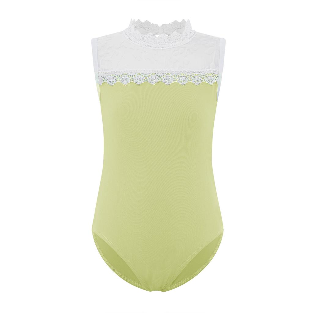 Girls Gymnastics Bodysuit Delicate Lace Collar Sheer Mesh Patchwork Design Sleeveless Leotard