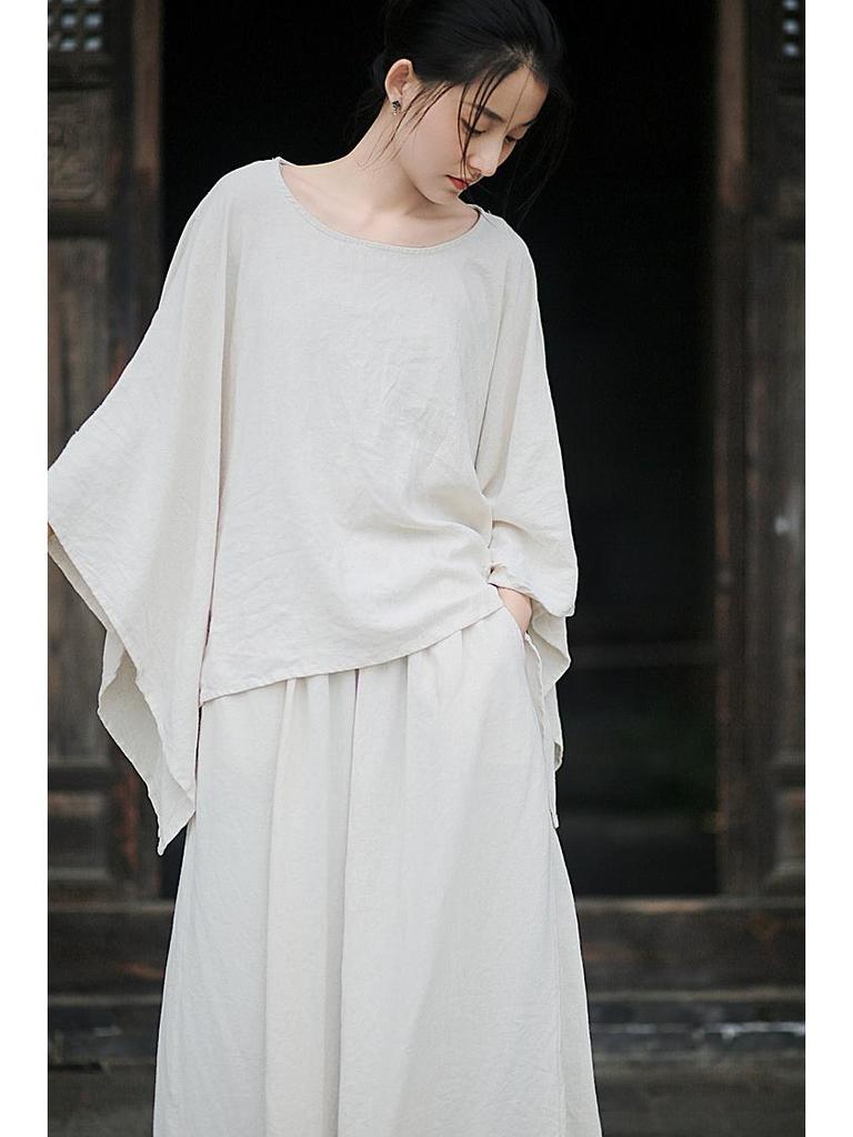 Damski Retro Cool Lniany Zestaw Top & Spodnie z Szerokimi Nogawkami - Dostępny w 3 Kolorach