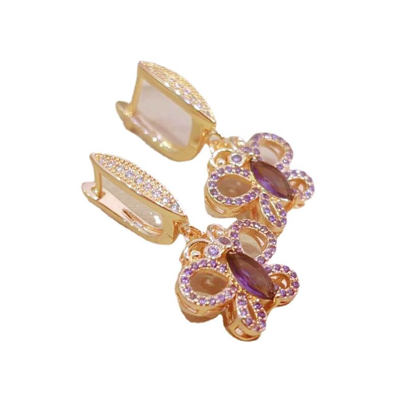 Cercei cu picătură fluture cu zircon mov la modă coreeană pentru femei, cercei de culoare aurie, bijuterii, accesorii de petrecere