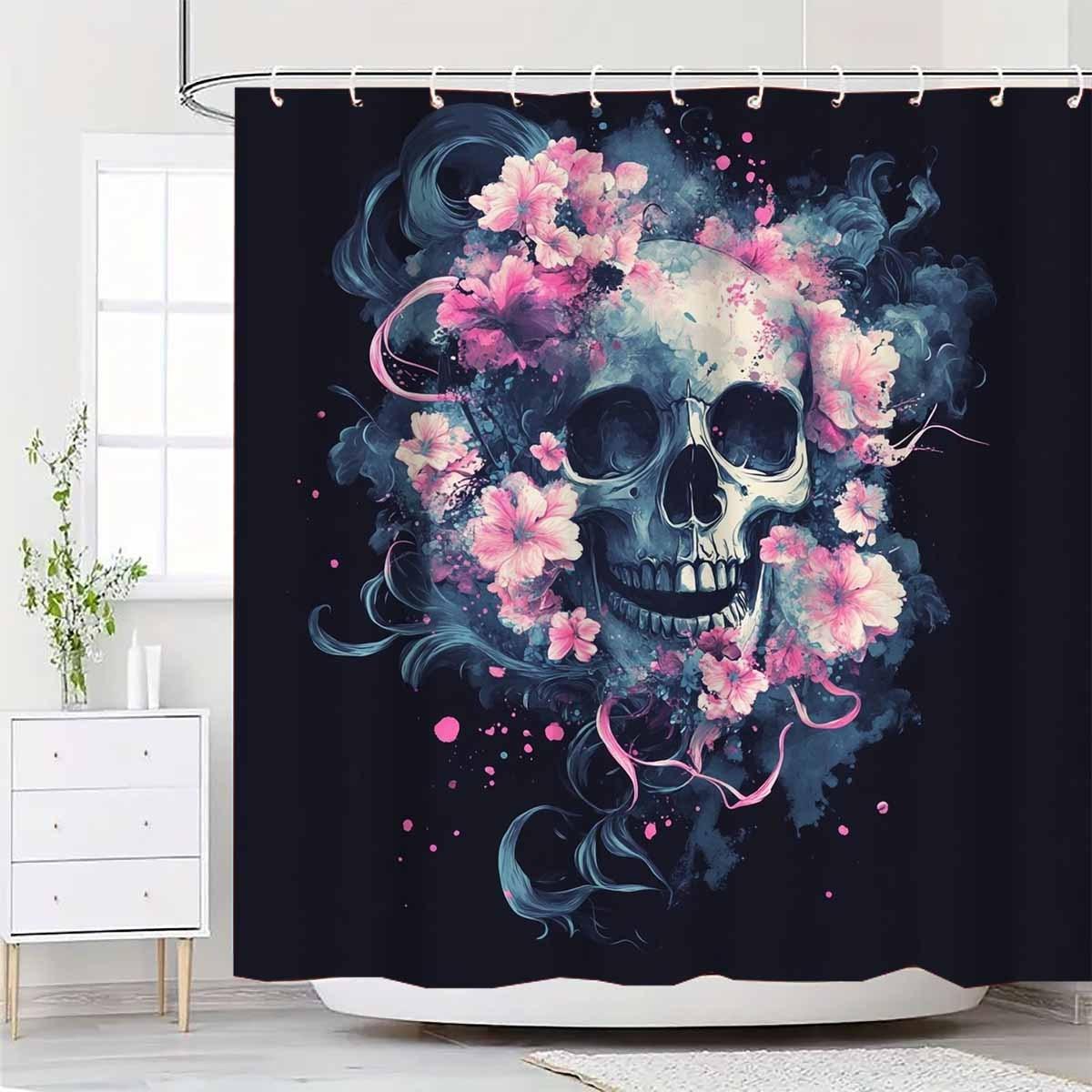 

1Pc A Smoke Skull Floral Print Collection Shower Curtain - With 12 Hooks, Machine Washable, Suitable For Bathroom Decor And W60H190(CM)-1 Pcs