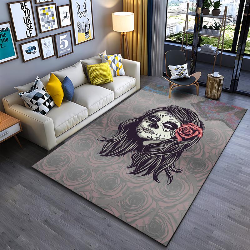 Day of the Dead Girl with Rose Motif Non-slip rug suitable for living room and bedroom sofas.