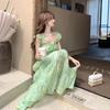 Women Green Floral Maxi Dress, Ruffle Sleeve Tiered Vacation Dress