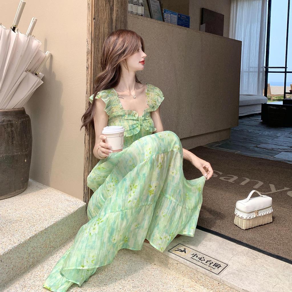 Women Green Floral Maxi Dress, Ruffle Sleeve Tiered Vacation Dress