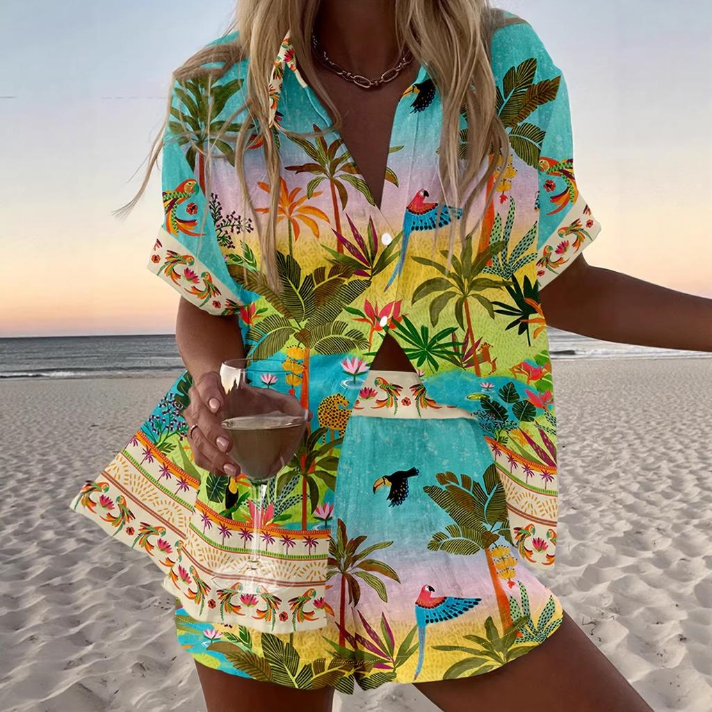 Cartoon parrot island style suit female, casual and versatile, comfortable and breathable beach two-piece set