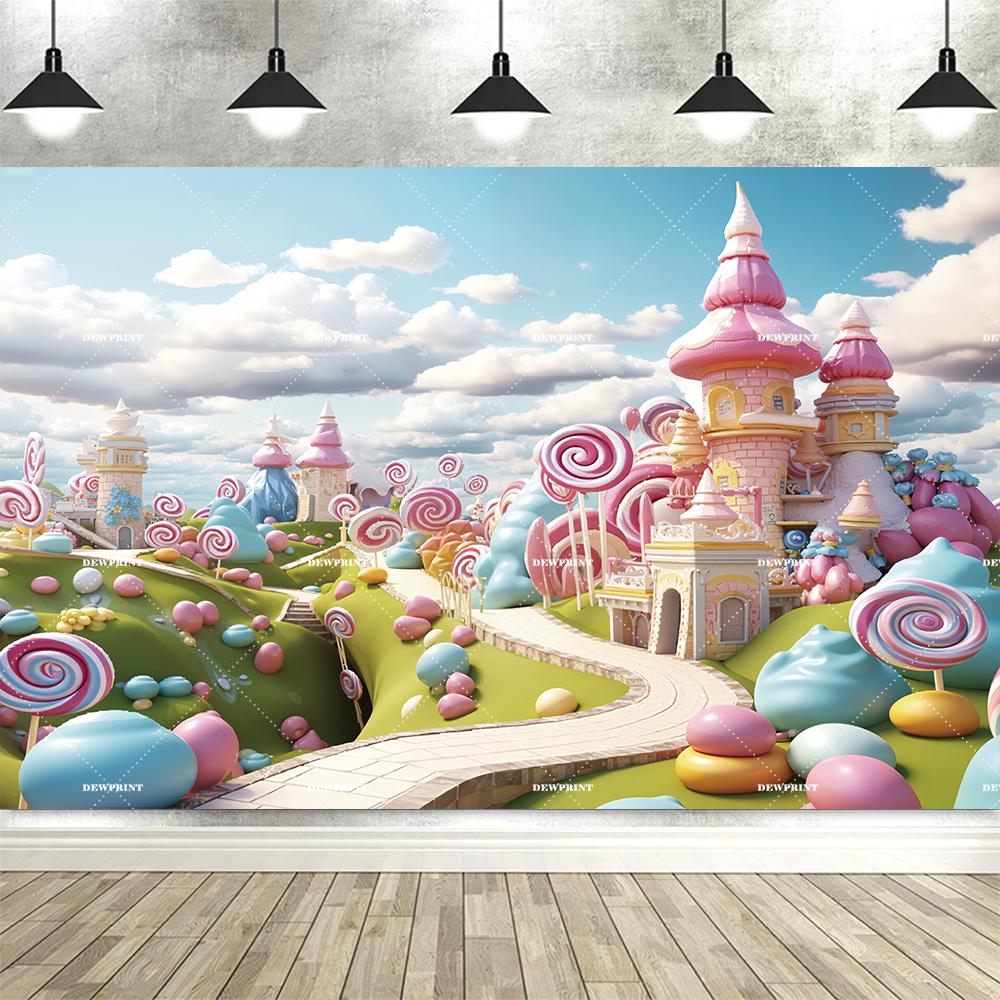 Sweet Candy Castle Cherry Blossom Theme Birthday Photography Background, Children's Birthday Party Banner Photography Background5