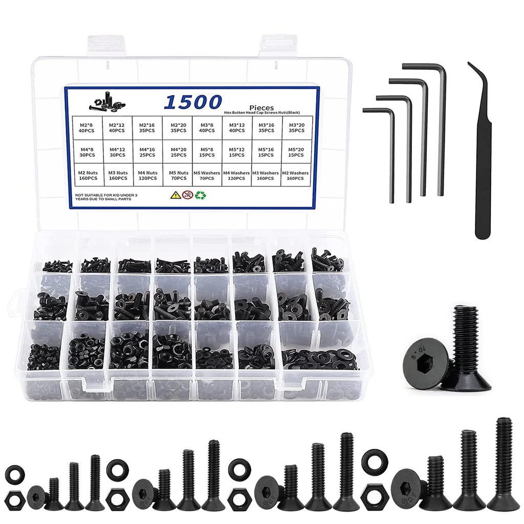 1500PCS Flat Head Hexagon Screw with Flat Pad Nut Set Boxed, High Strength 10.9 Grade M2M3M4M5