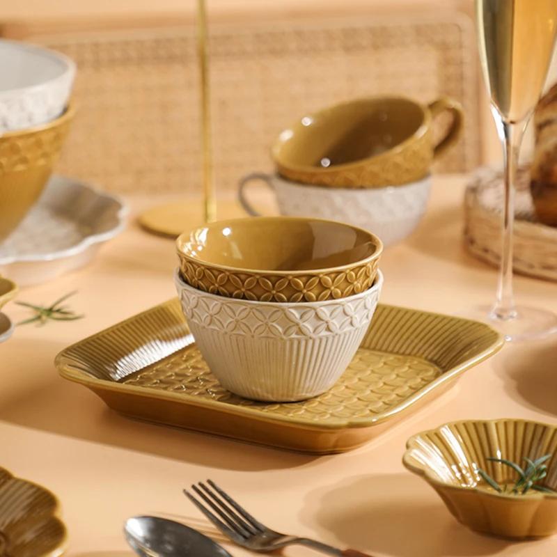 Creative Solid Color Relief Ceramic Plate Fashion Classic Irregular Steak Plates Delicious Dishes Soup Bowls Exquisite Tableware