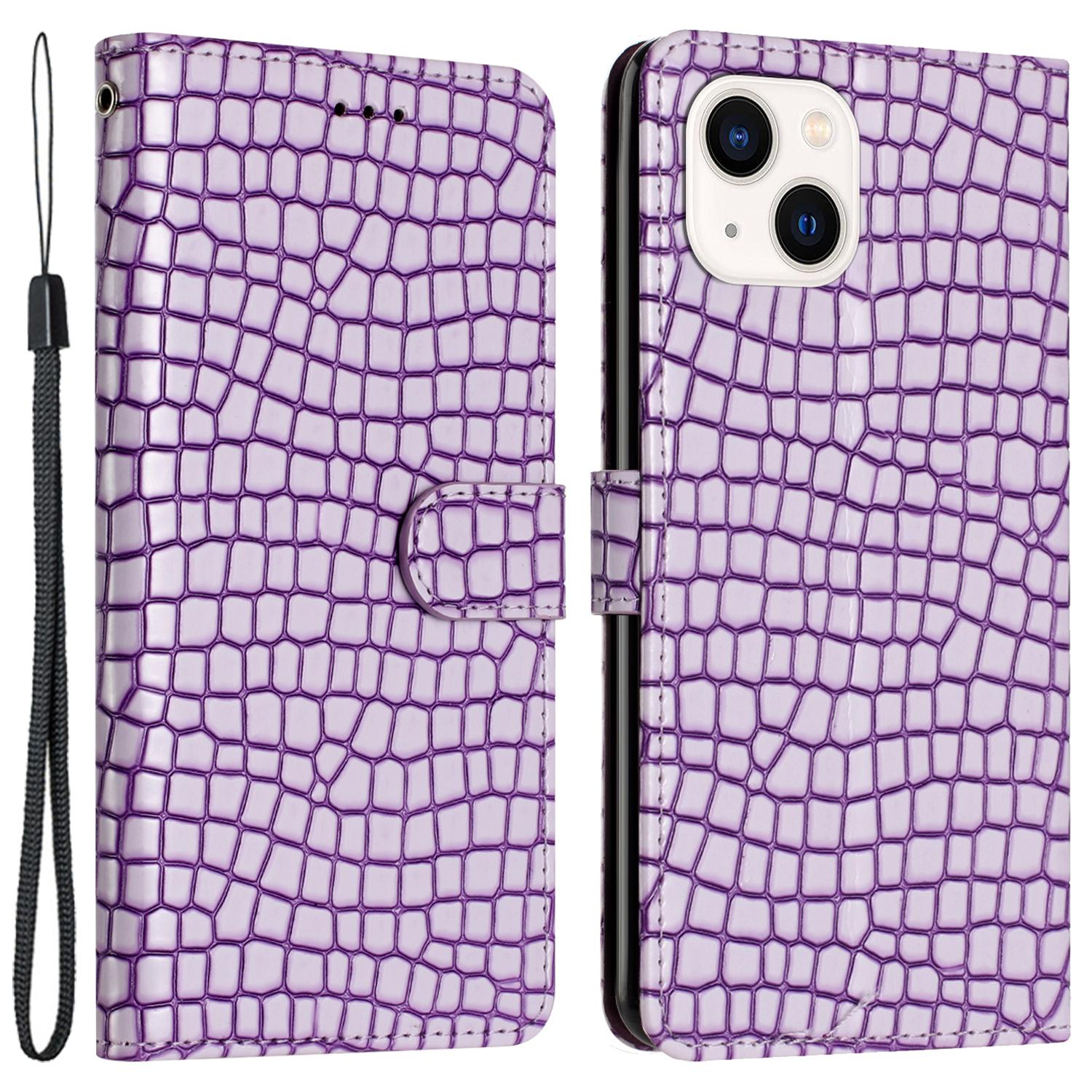 

For iPhone 15 PU Leather Wallet Flip Phone Case Shockproof Crocodile Texture Stand Cover with Strap Purple