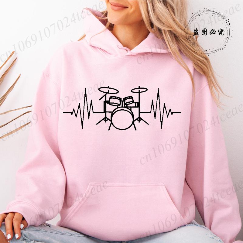 

Autumn Fleece Hoodie Drum Heartbeat Print Hooded Drummer Fashion Sweatshirt Long Sleeve Top Drumming Music Musician Band Hoodies 3XL