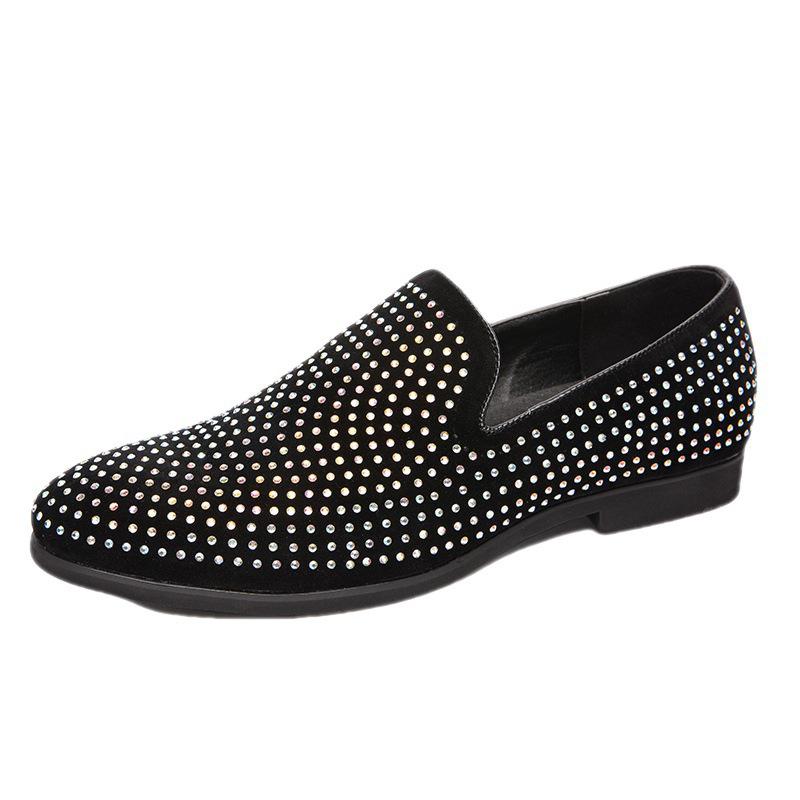 Men's Rhinestone Slip-On Leather Loafers - Pointed Toe, Large Size, British Casual Style.