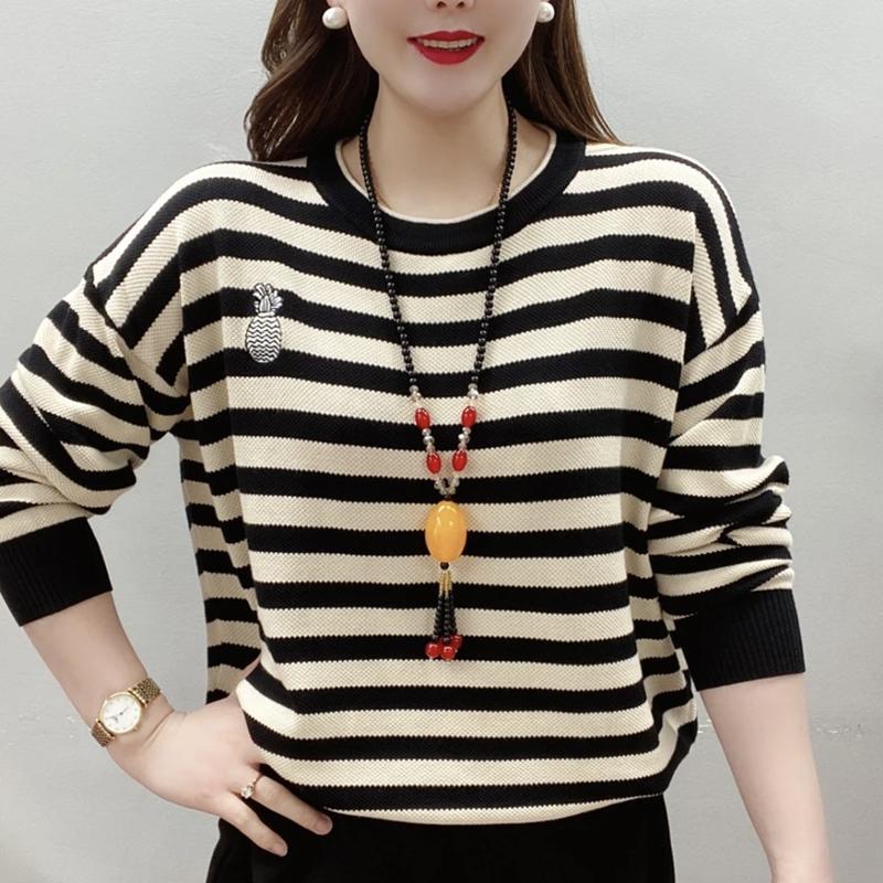 

Осень Элегантная Мода Шик Минималистичный Пуловер Женский Классический Трендовый Базовый Полоска Длинный Рукав Круглый Вырез Свободный Повседневный Свитер 5XL чёрный