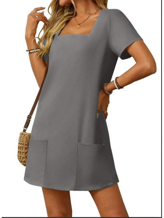 Women's Casual Square Neck Short Sleeve Pocket Solid Color Dress for Summer 2026