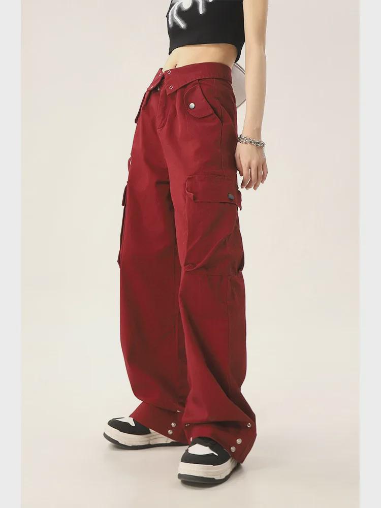 2023 Unisex High-Waist Red Cuff Overalls: Niche Style, Loose Fit Wide-Leg Pants