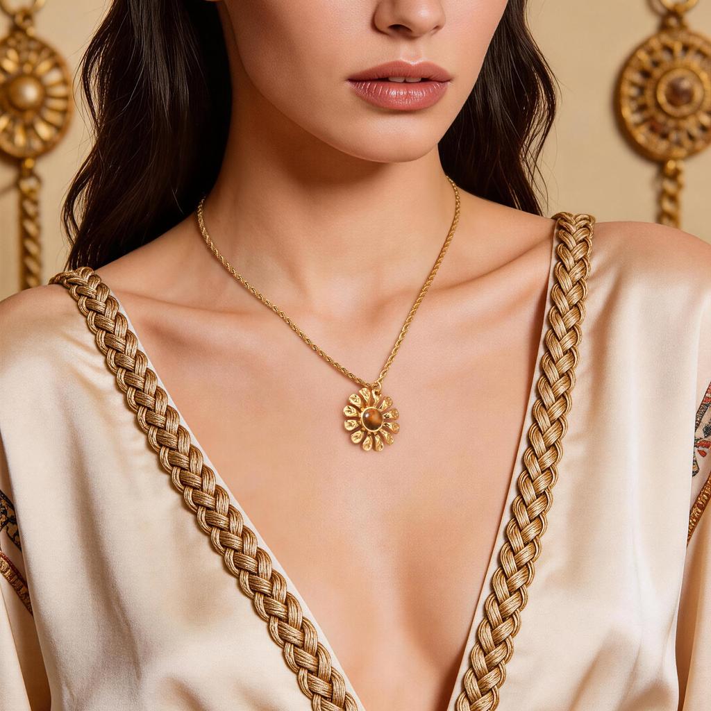 Retro Style Tiger'S Eye Stone Flower Pendant Necklace Female, Stainless Steel Twist Chain Necklace 2669