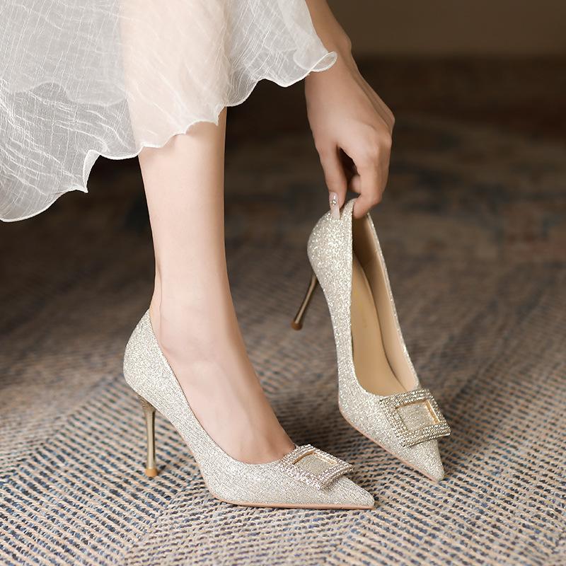 Rhinestone Square Buckle High-heeled Shoes Women's  Spring New French Style Pointed Toe Stiletto Shallow Mouth Professional Single