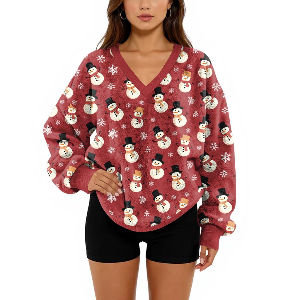 Women's V-Neck Sweatshirt Plush Solid Color Casual Fashion Long Sleeve With Pocketed Pullover Top