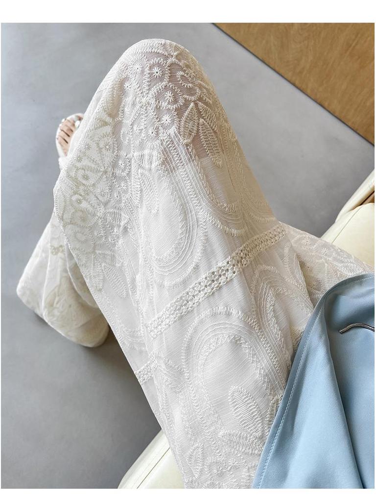 White Summer Lace Jacquard Embroidered Wide-Leg Pants for Tall Women