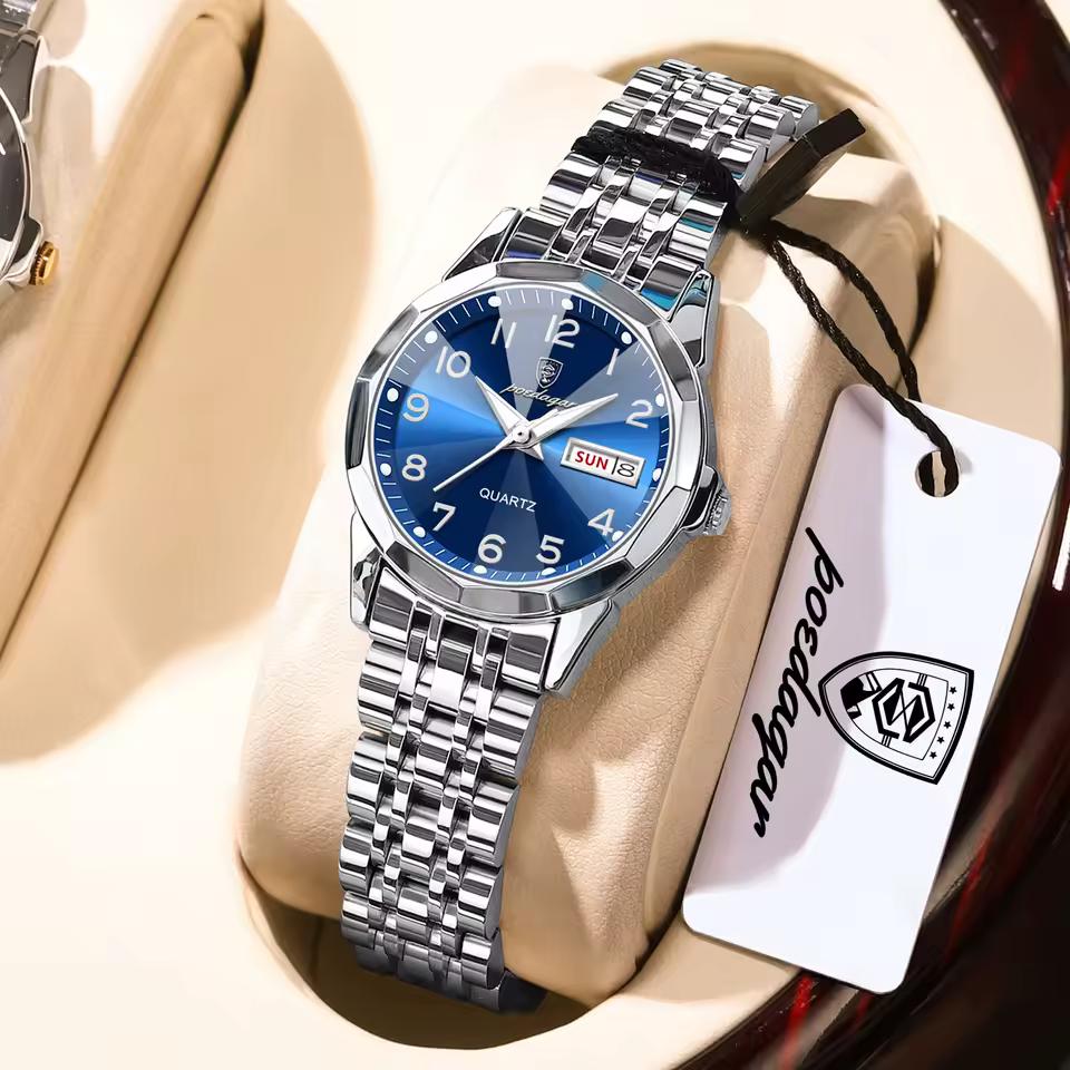 POEDAGAR Montre-bracelet étanche lumineuse à date en acier inoxydable pour femme, Montres tendance pour dames, Cadeaux pour femmes