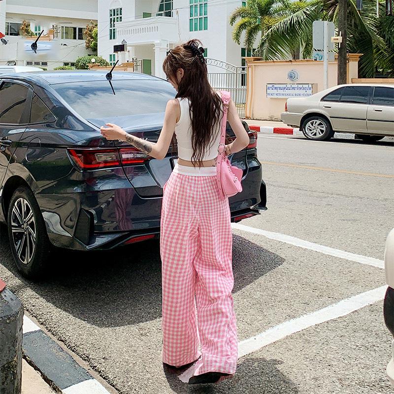 Women's Spring/Summer Pink Plaid Wide-Leg Pants Thin High-Waisted Drapey Straight-Leg Casual Loose Trousers