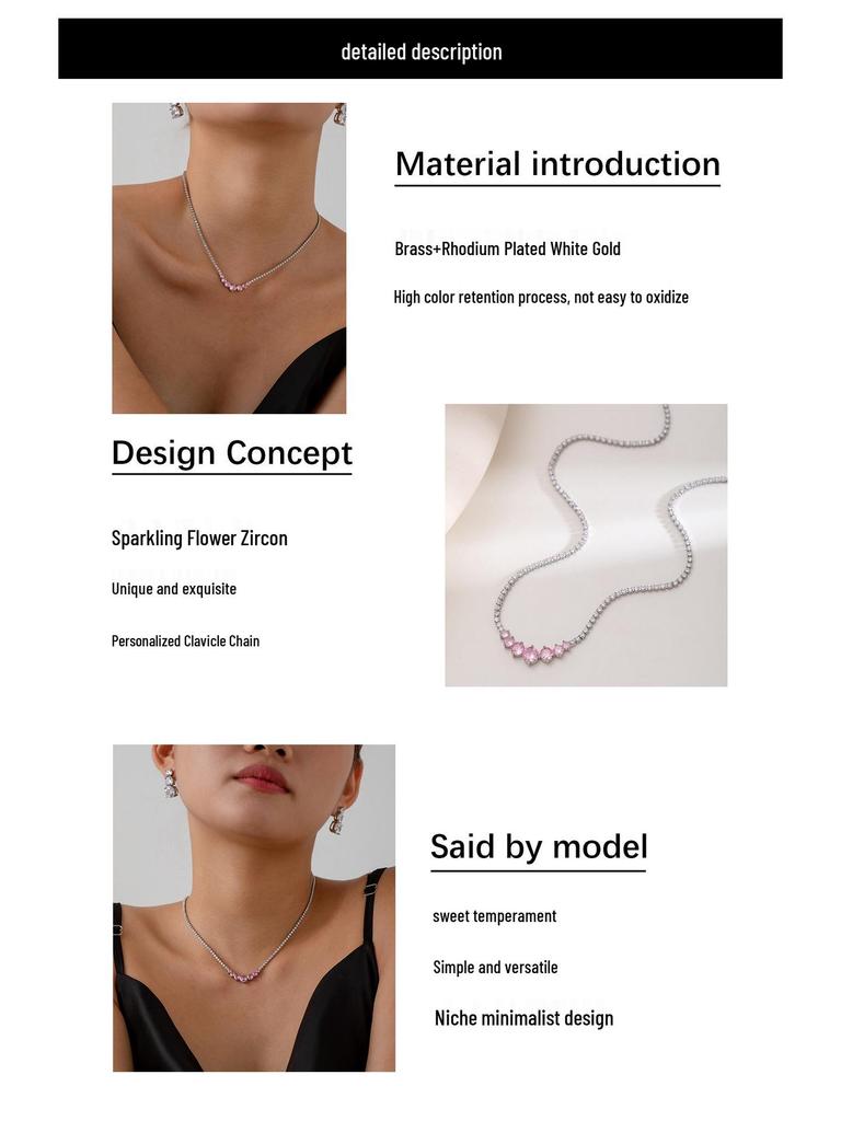 Versatile Pink Cubic Zirconia Pendant Necklace - Minimalist Round Design, Sweet Women's Clavicle Chain Choker