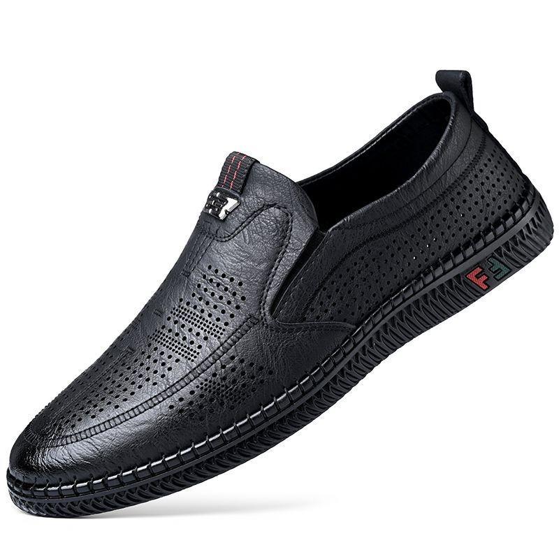 Leather shoes men's genuine leather hole shoes summer soft-soled breathable lazy beanie shoes