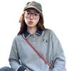 Womens Gray Polo Collar Sweatshirt Loose Fit Cartoon Horse Embroidery Long Sleeve Top 2026