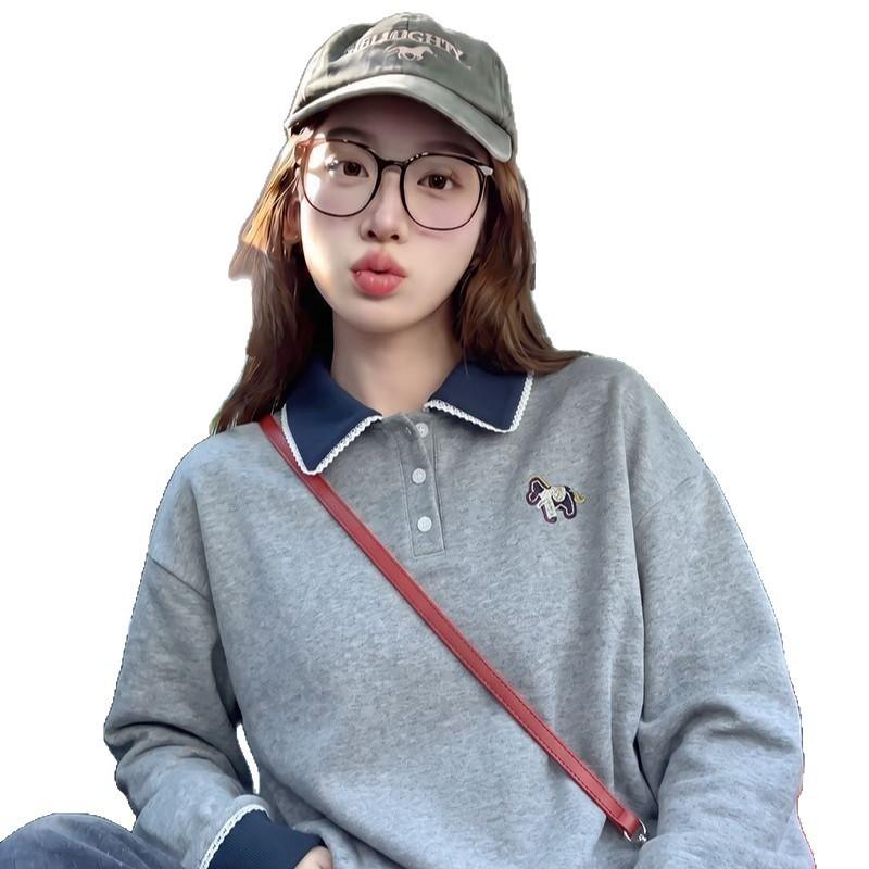 Womens Gray Polo Collar Sweatshirt Loose Fit Cartoon Horse Embroidery Long Sleeve Top 2026