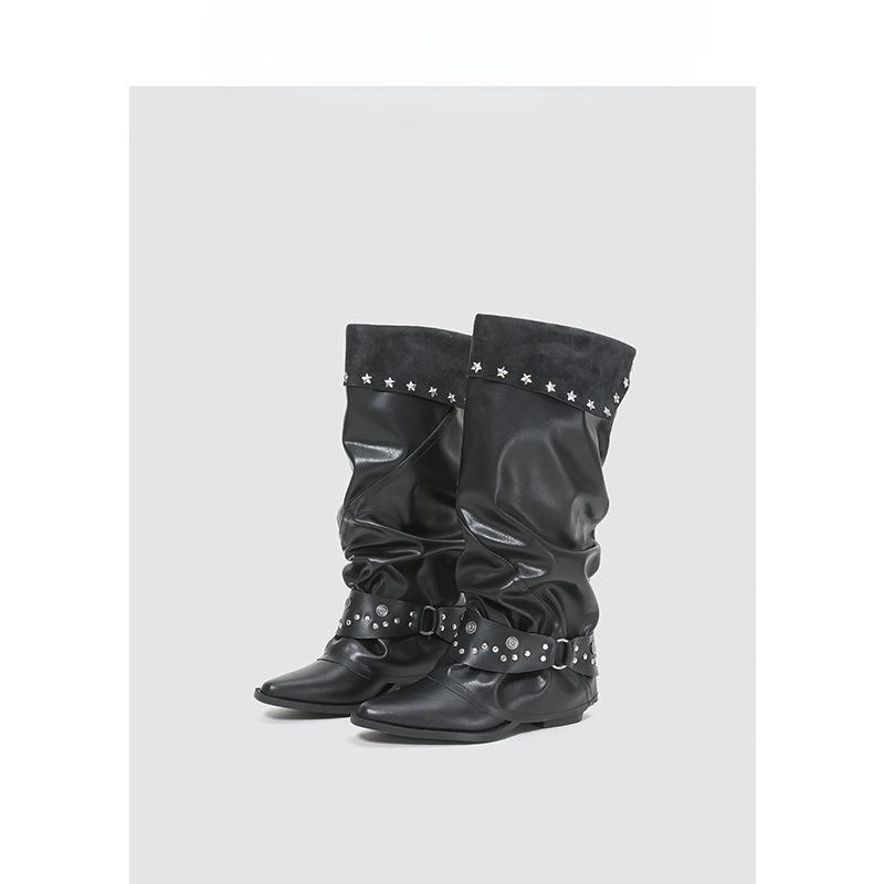 Pointed-toe Retro Shoes, Trouser Boots, Autumn and Winter New Style, Thick-heeled Metal Buckle Boots