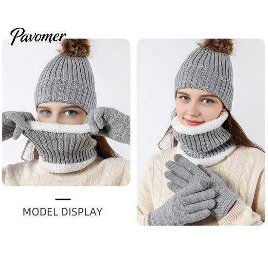 Thermal Fleece Lined Winter Accessories Hat Neck Warmer Gloves Set, Knitted Beanies with Pompom, Touch Warm And Scarf Set Screen Gloves, Knit for Men