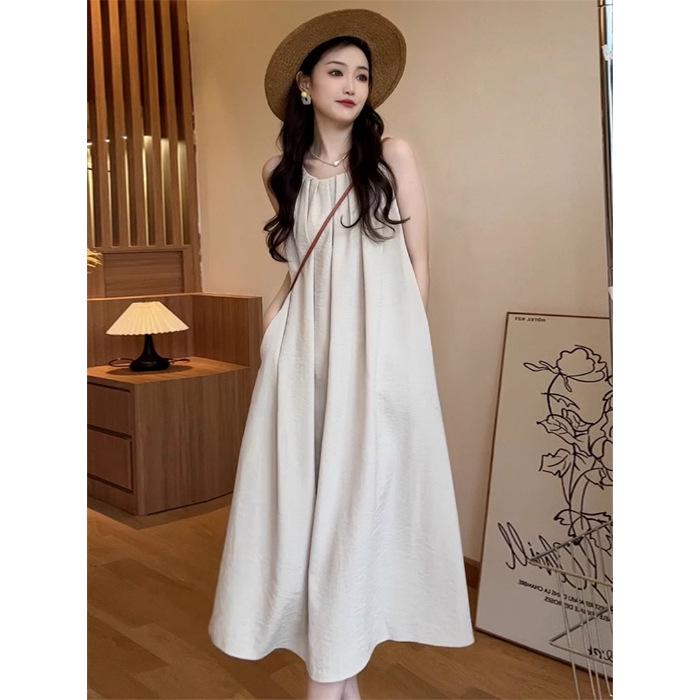 

Женское французское платье-майка без рукавов для отпуска - Лето 2025: Однотонный, Свободный, Длинный стиль до колена L абрикосовый