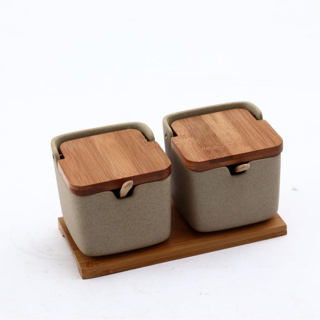 Japanese Ceramic Seasoning Jar Set with Bamboo Lids - Home & Restaurant Use