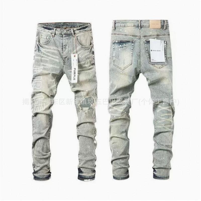 Mens Slim Fit Distressed Denim Jeans With Embroidered Patch Vintage Ink Wash Stretch Cotton Streetwear Style