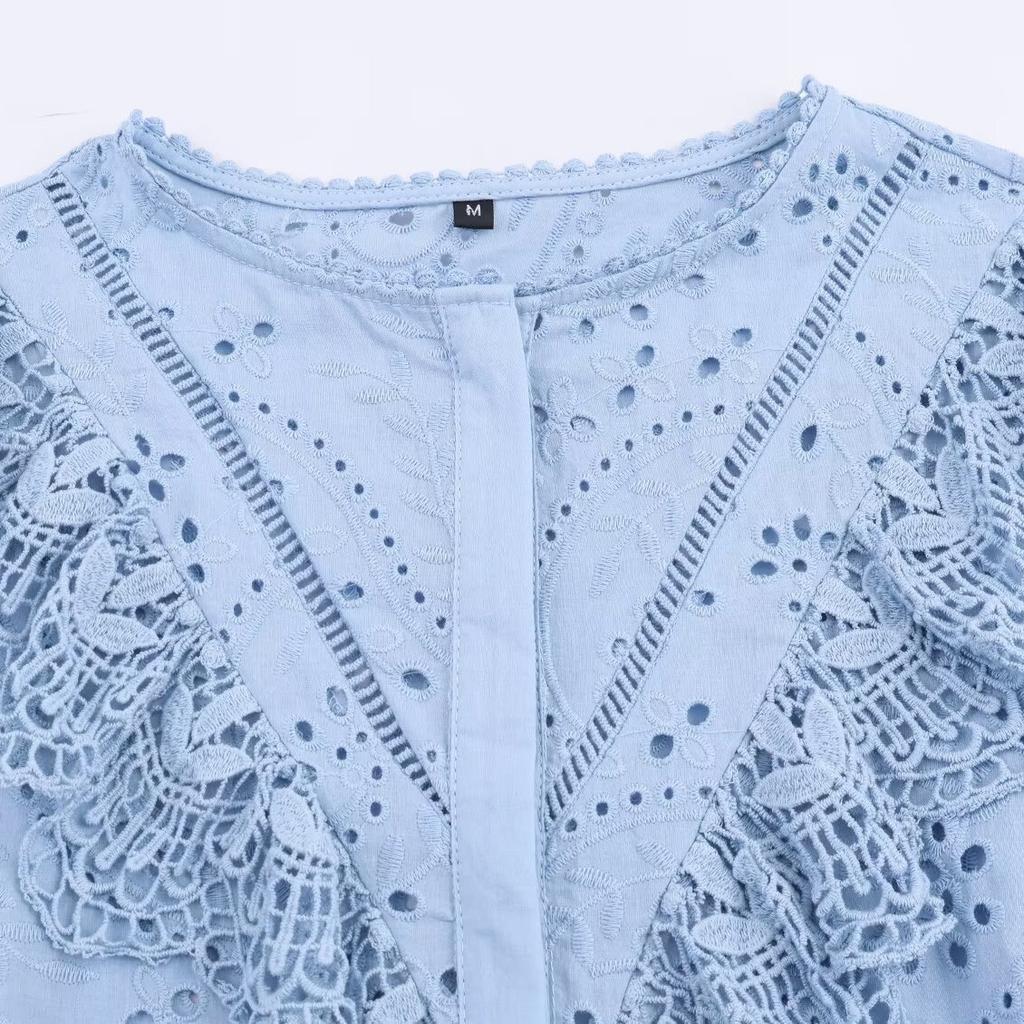 European and American style, new women's clothing, foreign style, fashionable style, hollow embroidered shirt 8741231