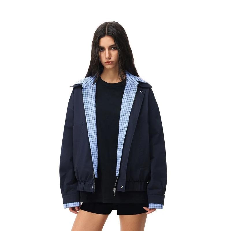 

Новый клетчатый топ с контрастным лацканом, имитирующий двойку, для женской весны, корейская версия, свободный, повседневный, модный, универсальный жакет L чёрный