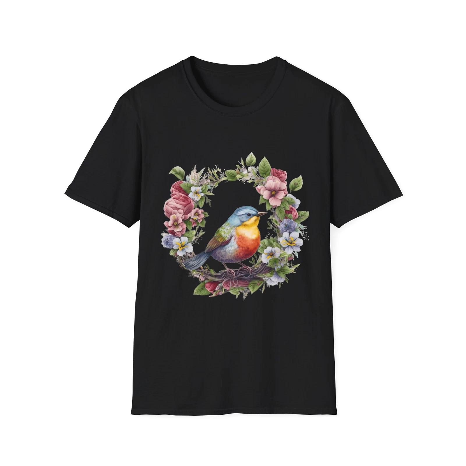 Flower & Bird Floral T-Shirt, Nature Lover Tee, Gift for Her, Spring Style, S