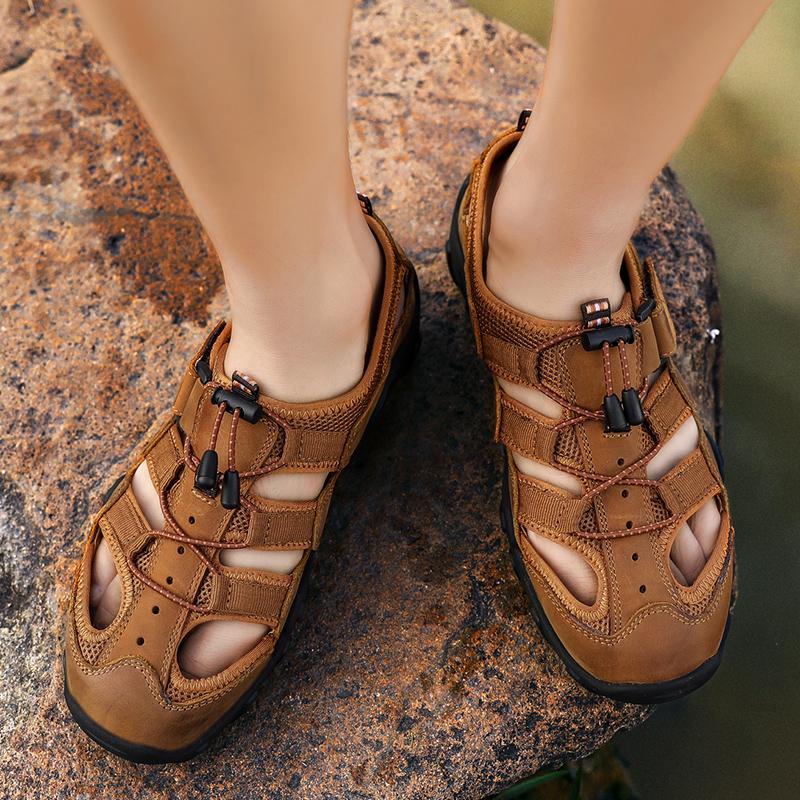 Fashion Hot Sale Summer Men Sandals Outdoor Non-slip Beach Sandals Handmade Split Leather Men Fashion Non-slip Hollow Out Sneakers Shoes