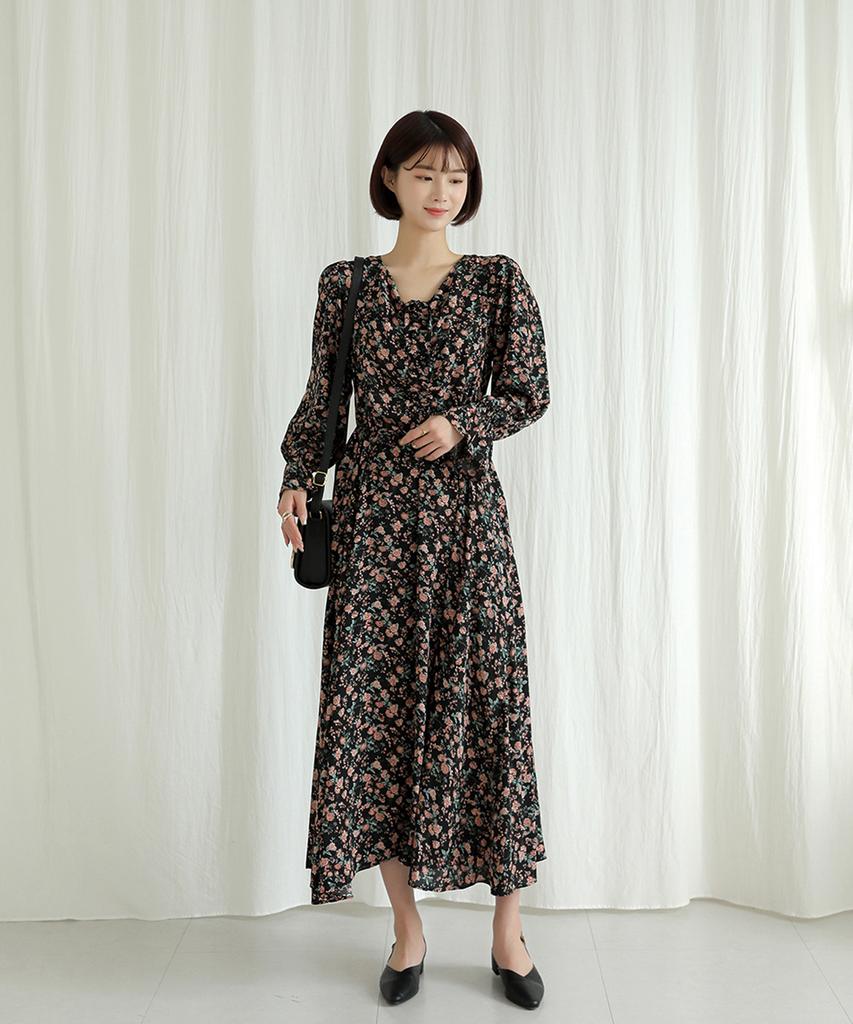 Ppaeppae Smoked-Banded Floral Long Dress