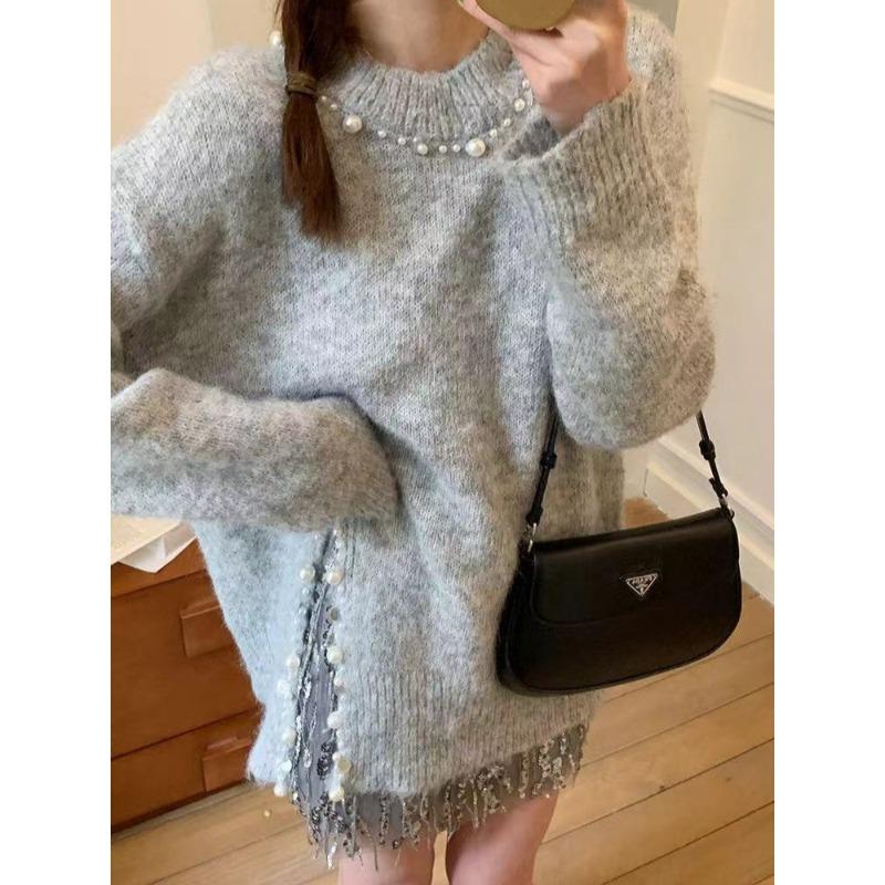 

Свитер вязаный женский осенне-зимний с разрезом, свободный, ленивый ветер, с дизайном и чувством стиля, с бусинами-гвоздиками, пуловер, женский высококлассный топ One Size серый