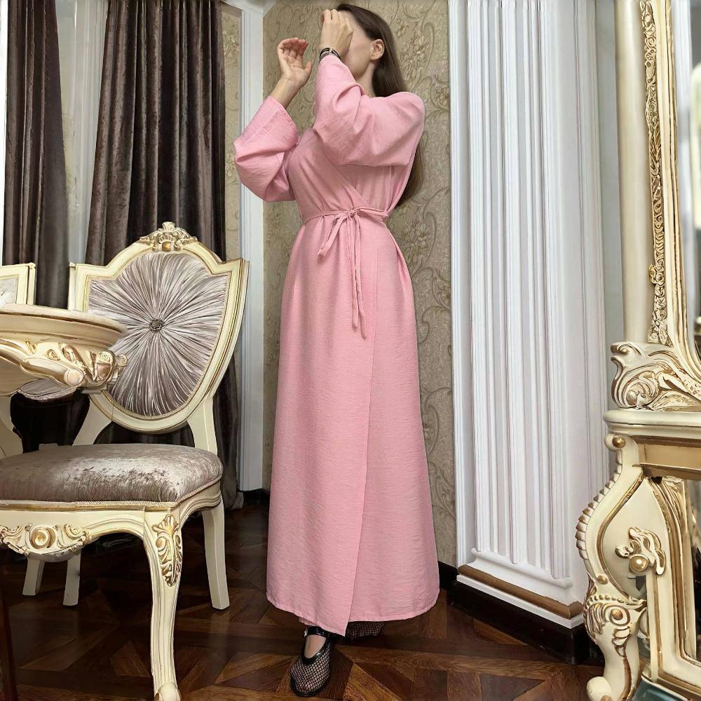 LYRIA Fashionable Pure Color Belted Slimming Long Dress New Women's Clothing One Piece Dress Stylish Wraparound