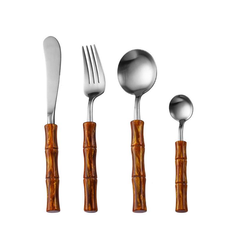 Bamboo Handle Stainless Steel Cutlery Set: Steak Knife, Fork & Dessert Spoon in Gift Box.